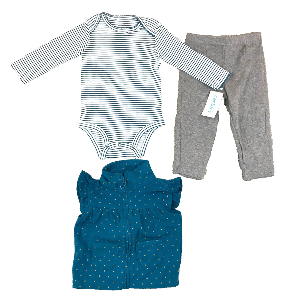 Carters Baby Girls' 3-Pc. Bodysuit Leggings Top Teal Stripes & Dots Set 12M NWT